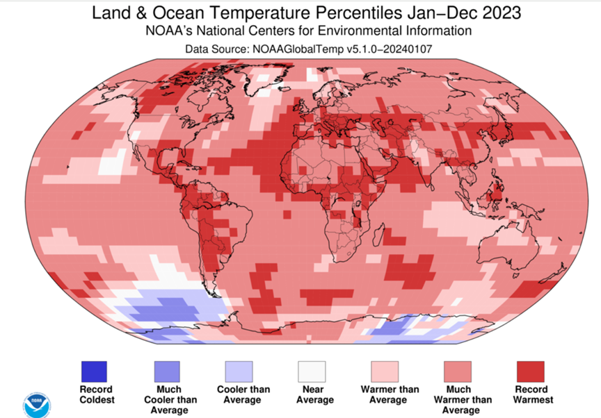 Land & Ocean Temperature Percentiles, Jan-Dec 2023